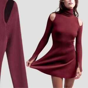 NWOT | Zara Cold Shoulder Skater Dress | Mini | Long Sleeved | Burgundy | S